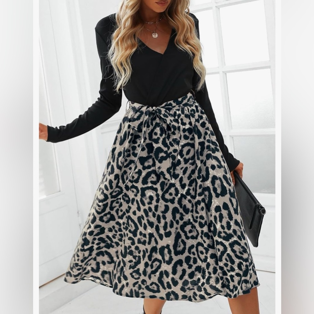 CUPSHE Women's A-Line Midi Dress Leopard Print Belted Long Sleeve Dress Sz M